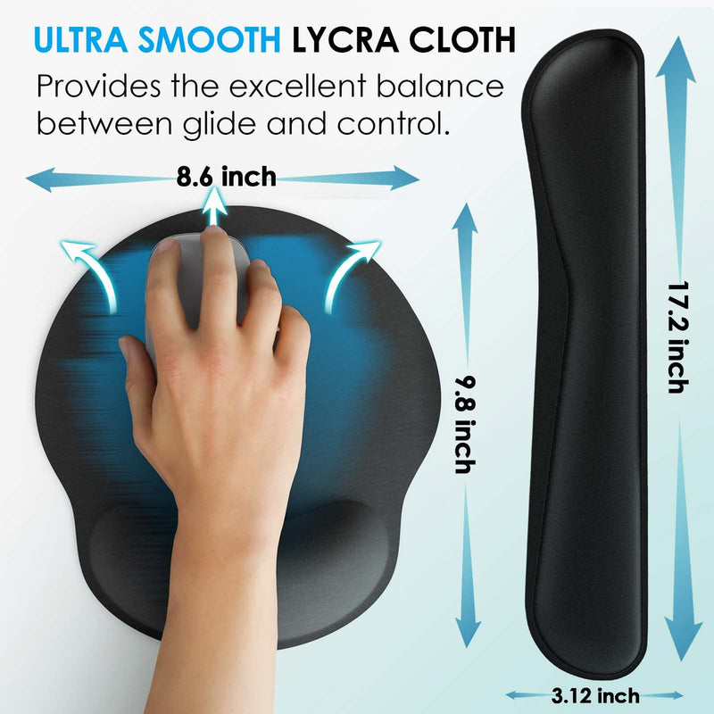KTRIO Ergonomic Mouse Pad with Wrist Support, Comfortable Keyboard Wrist Rest, Memory Foam Wrist Pad for Keyboard, Mouse Pad Sets for Easy Typing & Pain Relief for Computer, Office & Home, Black 2-in-1 (17.5" x 8.6")
