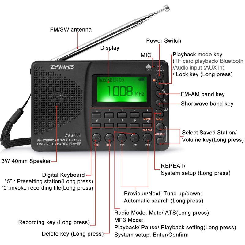 [AUSTRALIA] - ZHIWHIS Portable Bluetooth Radio, FM AM Shortwave Radios with Sleep Timer and Preset Function, Rechargeable Digital Recorder, Stereo MP3 Player with Lyric Display, Support Micro SD Card and AUX ZWS-603 (green backlight) 