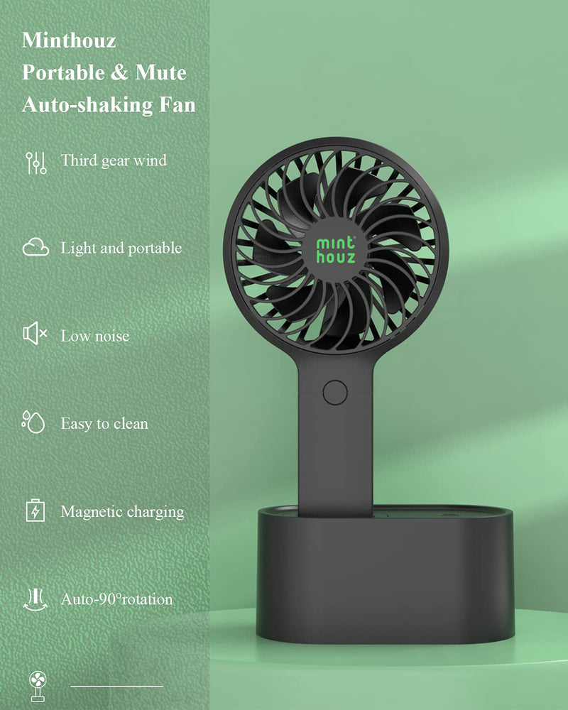 Minthouz Handheld Fan, 90° Automatic Head Shaking Personal Fan with Rotating Base, 3 Speed Adjustable Portable Fan Rechargeable Desk Fan with 2000mAh Built-in Battery, Mini Fan for Office/Home/Outdoor Black