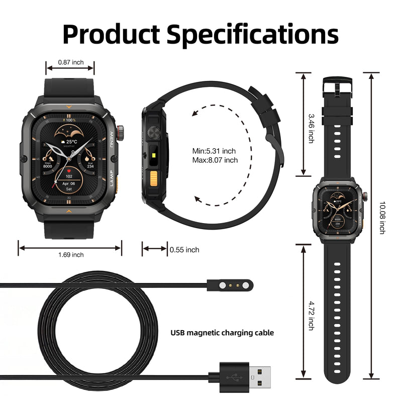 AGM Legion 3 Military Smart Watch, AMOLED, Bluetooth Call, Flashlight | MIL-STD-810H, 5ATM+IP68, 100+ Sport Modes, Strava Compatible, 10-Day Battery, 22mm Universal Band