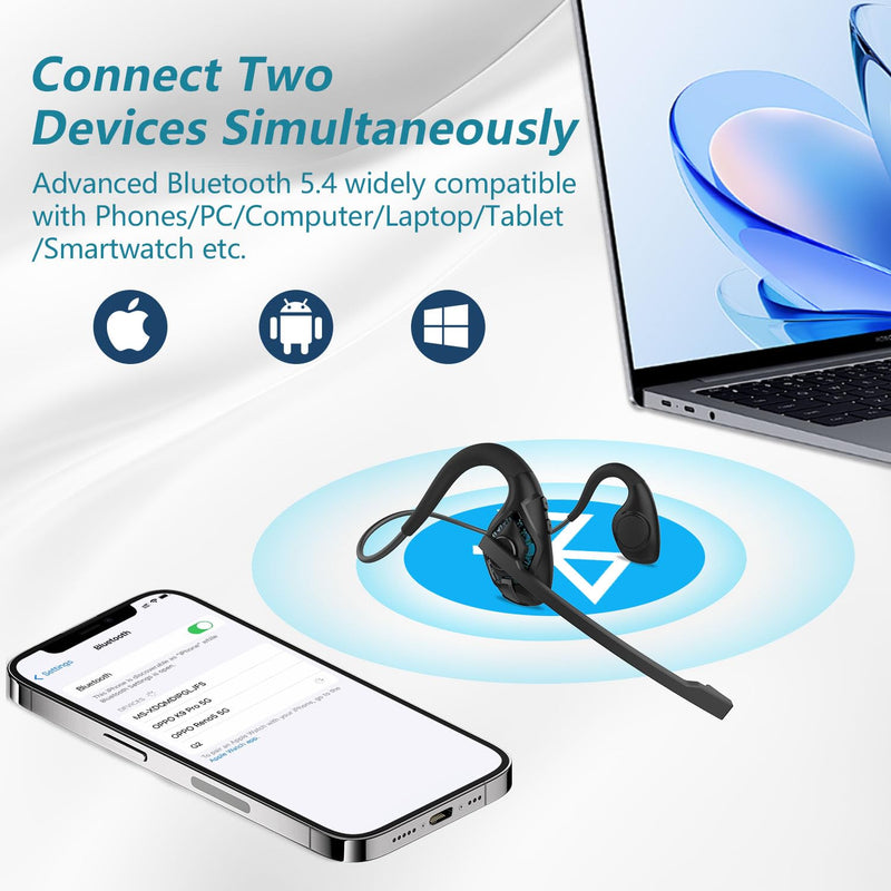 [AUSTRALIA] - BANIGIPA Bluetooth Headset with Boom Microphone, Open Ear Headphones w/Noise Canceling Mic, Wireless Headset for Phone Laptop PC Computer, Light and Comfortable for Office Meeting Home Working-10 Hrs A-G2 Cyan 