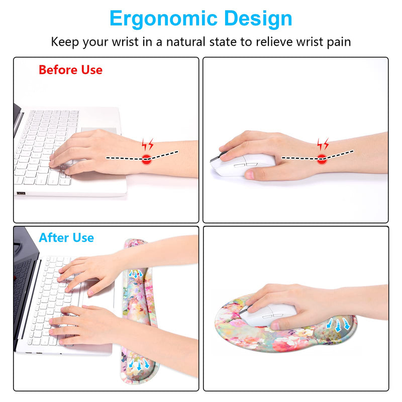 Dapesuom Keyboard Wrist Rest and Mouse Pad with Support, Memory Foam Rests for Set, Ergonomic Non Slip Base Easy Typing & Pain Relief, Peonies Floral, Pink Floral Pink Peonies Floral