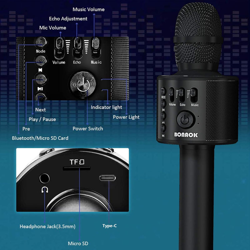 [AUSTRALIA] - BONAOK Wireless Bluetooth Karaoke Microphone,3-in-1 Portable Handheld Karaoke Mic Speaker Machine Home Party Birthday for All Smartphones Q37 (Black) Black 
