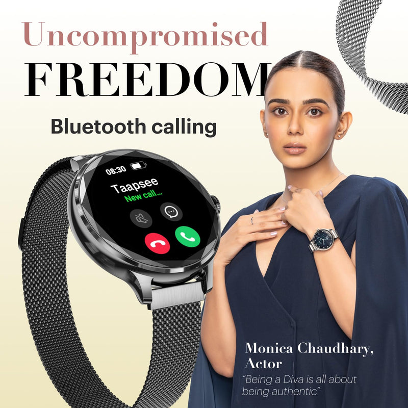 Noise Diva Smartwach for Women with AI Voice Assistant, 100+ Watchfaces, Sleep Tracker, Female Cycle Tracking, BT Calling, AMOLED Display, Water & Dust Resistant, 1 Year Warranty Gold Link