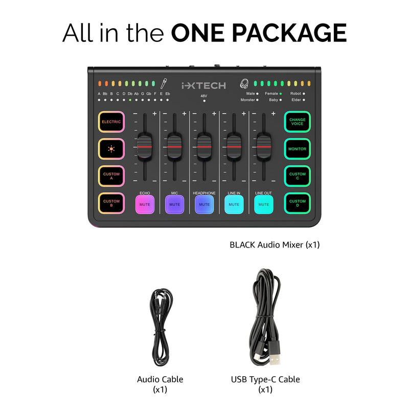 IXTECH Gaming Audio Mixer 4 Channel Soundboard, Streaming RGB PC Audio Interface with XLR Microphone Support, Audio Equalizer for Gaming Podcast Streaming Karaoke, Individual Volume Controls (Black) IX-MI-MIX01 Black