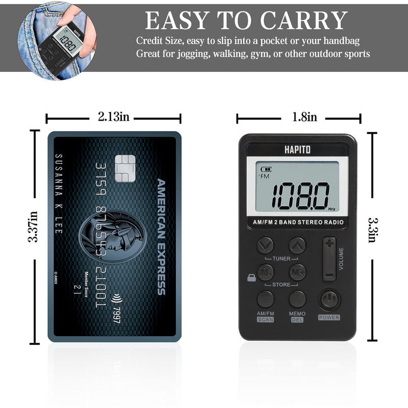 Pocket AM FM Radio Portable Digital Tuning Radio with Best Reception - Hapito Personal Small Transistor radios with Sterio Earphone, Rechargeable Battery and Lock Screen for Walk/Gym (Black) Black