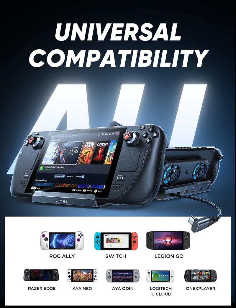 LISEN 8 IN 1 Docking Station for Steam Deck OLED & ROG Ally & Legion Go, Dual Cooling Fan, HDMI 2.0 4K@60Hz, USB 3.0*3, PD100W Support ROG Ally Turbo 30W and Ethernet Compatible with Steam Deck OLED