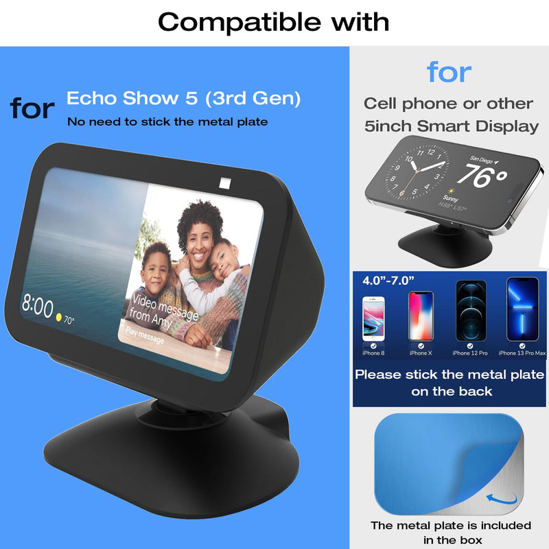 Stand for Echo Show 5 (3rd), Adjustable Height Tilt + Swivel Stand with Strong Magnetic, Rotates Side to Side, Compatible with Cell Phones & Show 5 (3/2/1 Gen) (Black)