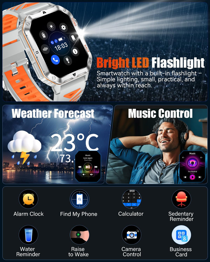 Military Smart Watch for Men, 2.01'' Fitness Tracker with 1200mAh Long Battery Life, Bluetooth Calls, Flashlight, IP68 Waterproof, Heart Rate/Sleep Tracking, 100+ Sports Modes for Android iPhone