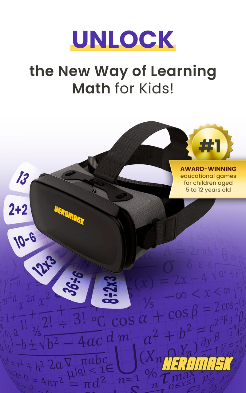 Heromask Educational VR Headset for Kids 5-12, Math Games, Phone Powered | Uses your own iPhone or Android. Times tables, addition and division games built with teachers. Birthday or school gift. Mathematics