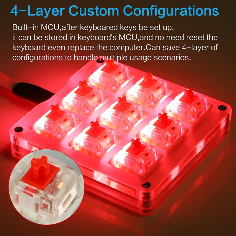 Koolertron One Handed Macro Mechanical Keyboard, RGB LED Backlit Portable Mini One-Handed Mechanical Gaming Keypad OSU! Keyboard 9 Fully Programmable Keys White/Red Switches/Pink LED