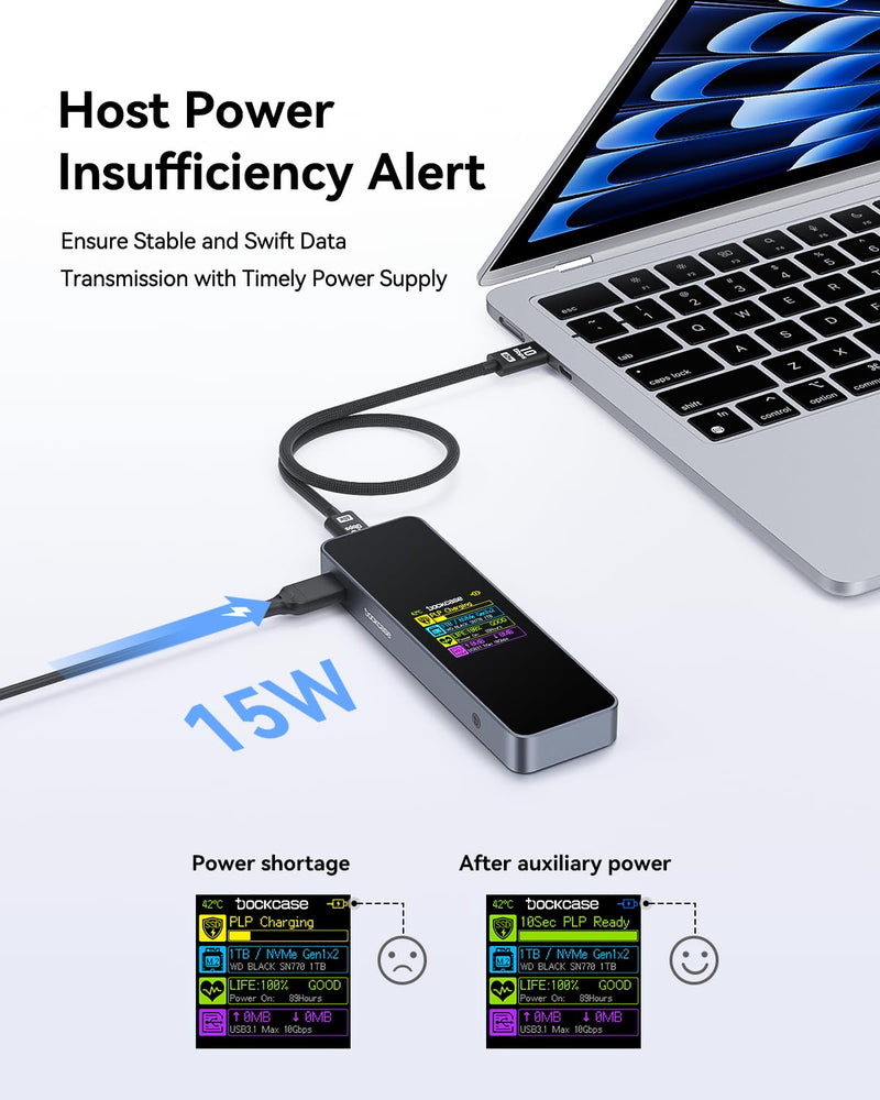 DOCKCASE Smart M.2 NVMe SSD Enclosure, 10s Power Loss Protection (PLP), 10Gbps USB 3.2 Gen 2 Type-C External Hard Drive Case, Fits 2230/2242/2260/2280 NVMe M/B+M Key 4.0 TB
