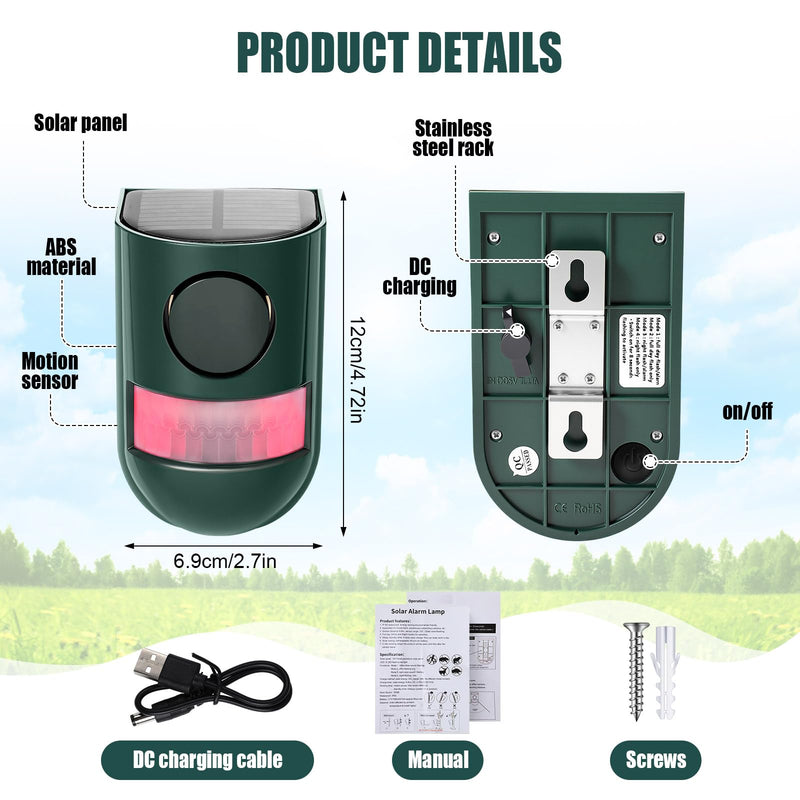 Qualirey Solar Sound and Light Alarm Motion Sensor 129db Outdoor Security Siren Waterproof Activated Detector Driveway Alarm 6 LEDs Flash Warning Deterrent Strobe System for Home, Farm(Green,4 Pack) 4 Green