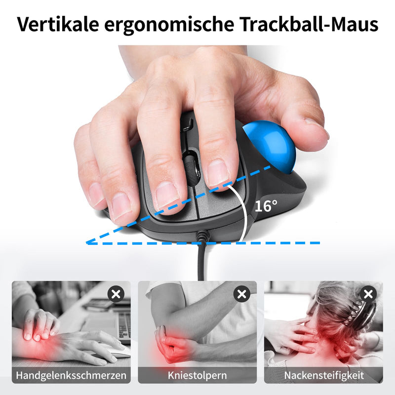 SANWA Wired Trackball Mouse, USB-C/A, Silent Clicks, Programmable, Blue | Right-hand Thumb Control, 600-1600 DPI, Smooth Roller Ball, Wrist Relief, Plug-and-Play, Compatible Win/ Mac, Remap Software