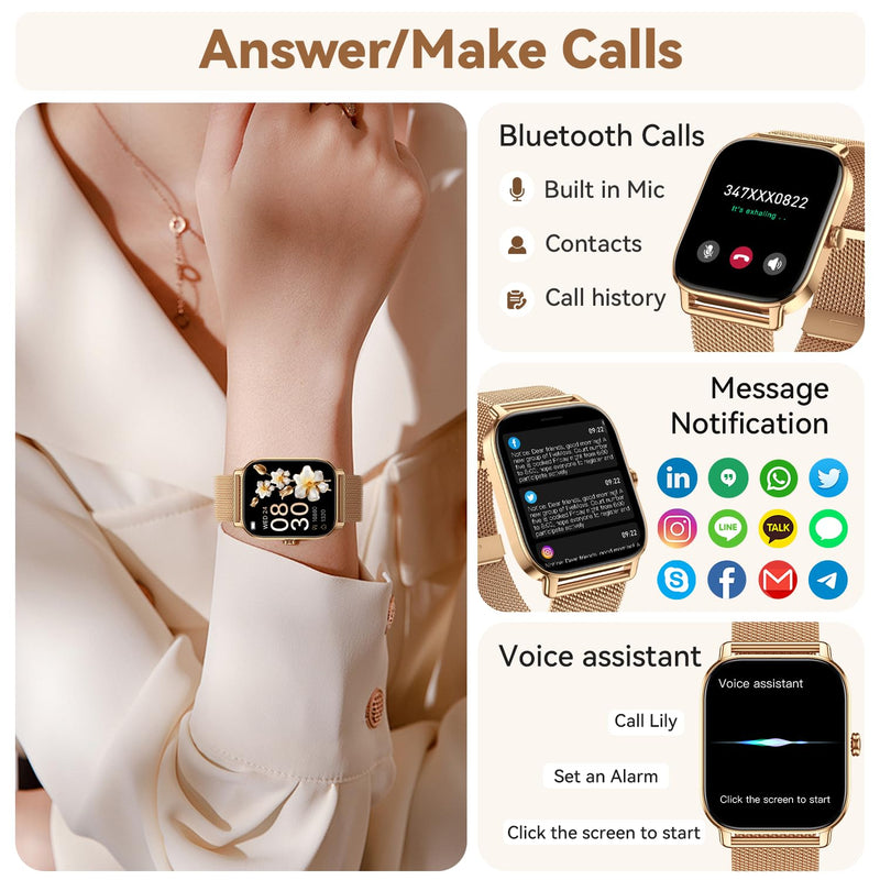 Smart Watch for Women Fitness Tracker: Make Answer Call Smart Watches for Women Digital Watches Waterproof Running Smartwatch for Android Phone iPhone Samsung Compatible Heart Rate Monitor SpO2 Gold
