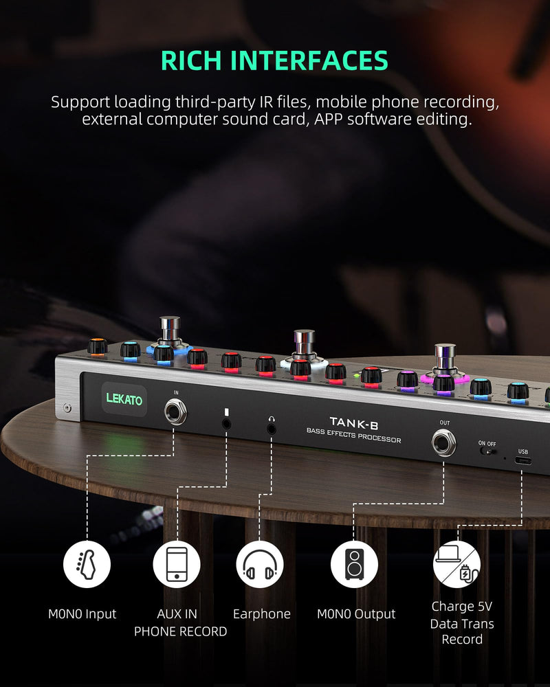 LEKATO Bass Multi Effects Pedal, Bass Effects Pedal with 36 Presets, Editable 4 Modules, Amp, Compressor, Mod, Space, Reverb, IR CAB, Tuner, BT Connection, Music Recording For Bass Guitar