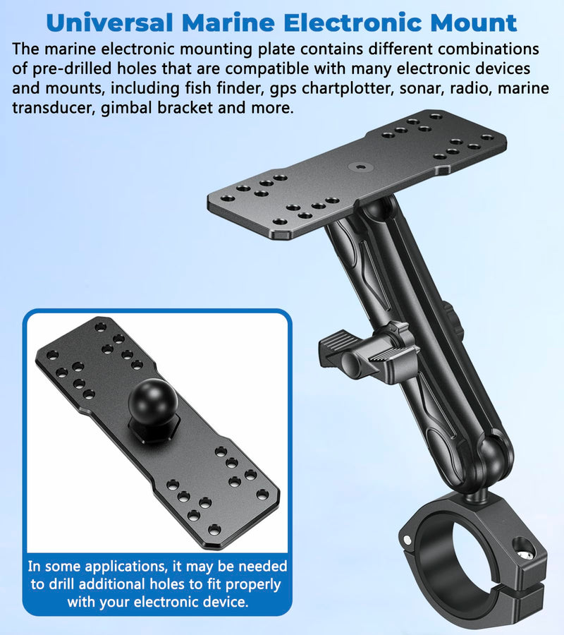 VAZESWIN 1" Ball Fish Finder Mount for 1.5"/1.65"/1.75"/1.85"/2" Round Rail | Aluminum Alloy Universal Marine Electronic Mount with 5.9" Long Arm, Rectangular Plate & Bar Clamp Base for Garmin, Lowrance