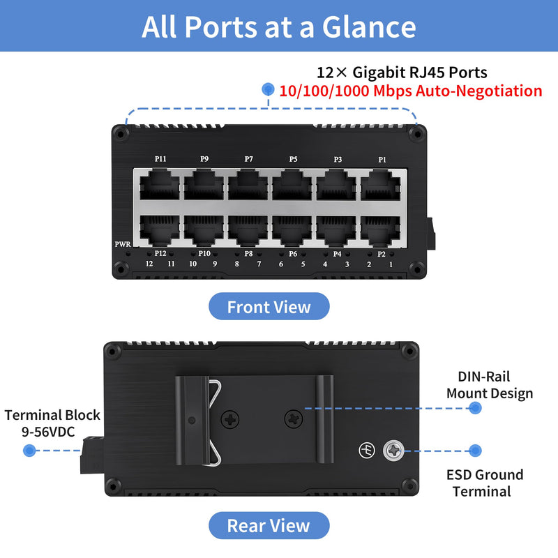 Industrial 12-Port Gigabit Ethernet Switch, 10/100/1000 Mbps | Unmanaged Network Switch, Dual 9-56V DC Power Input, DIN Rail & Wall Mount, Fanless Metal Housing, IP40 for CCTV and Factory 12 Gigabit Ports(NON POE)