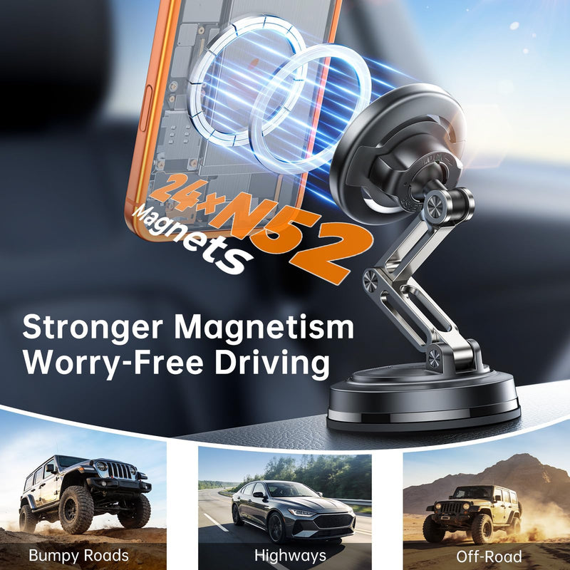 SYNCWIRE for MagSafe Car Mount Vacuum Magnetic Phone Holder Dash Windshield | Strong Magnets, Replaceable Suction Cup, Foldable 3 Axis, 360° Rotation, Tesla Screen Mount, iPhone 17 to 12 Pro Max Plus Carbon Fiber