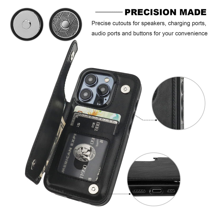Compatible with iPhone 15 Pro Wallet Case with Card Holder, PU Leather Kickstand Card Slots Case, Double Magnetic Clasp and Durable Shockproof Cover 6.1 Inch (Black) Black
