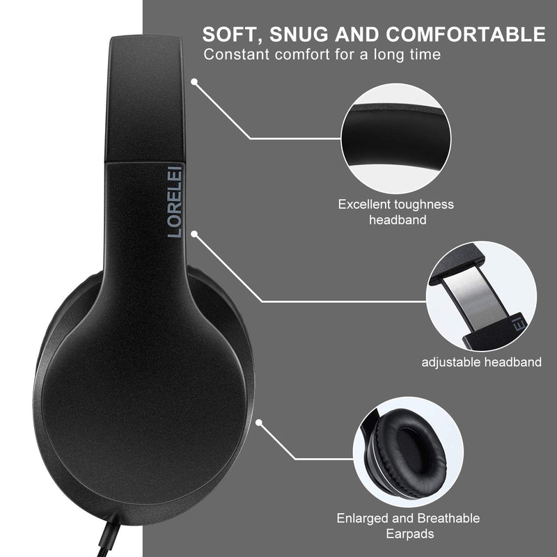 LORELEI X6 Over-Ear Headphones with Microphone, Lightweight Foldable & Portable Stereo Bass Headphones with 1.45M No-Tangle, Wired Headphones for Smartphone Tablet MP3 / 4 (Space Black) Space Black
