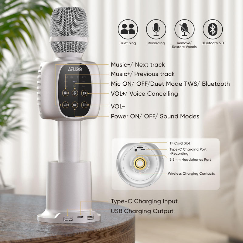 Wireless Bluetooth Karaoke Microphone Speaker for Adults, Karaoke Mic with Stereo Speaker for Smartphone, Tablet, Duet Singing Karaoke Mic for Speech, Home Party, Vocal Changer, Silver Included base
