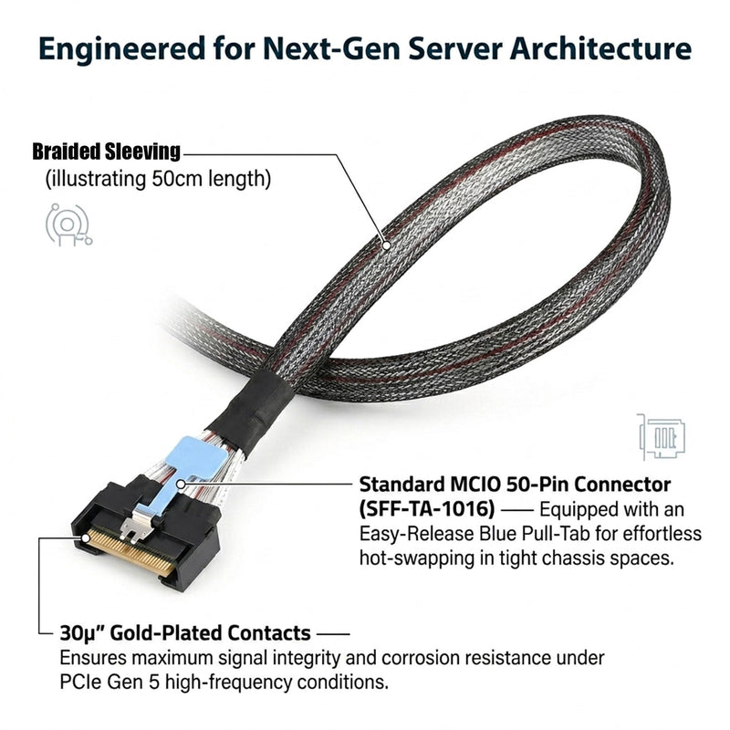 MCIO SFF-TA-1016 8i (74-Pin) Cable – PCIe Gen5 x8 (32GT/s per Lane) – 85Ω Shielded Twinax for Server & Storage MCIO 8i