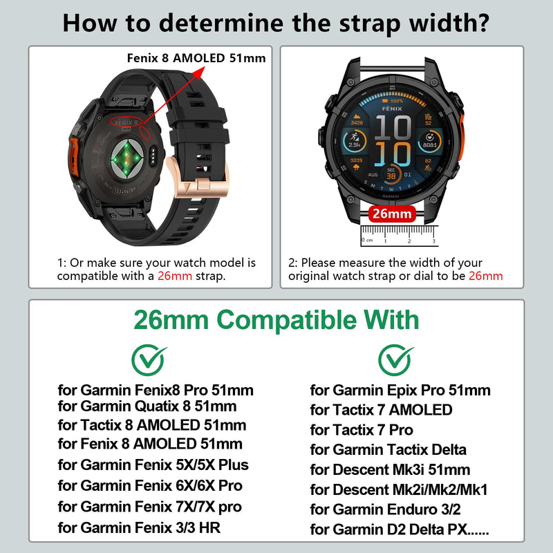 26mm Quickfit Watch Bands Compatible With Garmin Tactix 8 7/Fenix 8 Pro AMOLED 51mm/Fenix 7X pro/7X/6X Pro/6X/5X Plus/5X/3 HR/3,Silicone Sport Strap for Quatix 8/epix Pro 51mm/Enduro 3 2 3Pack3