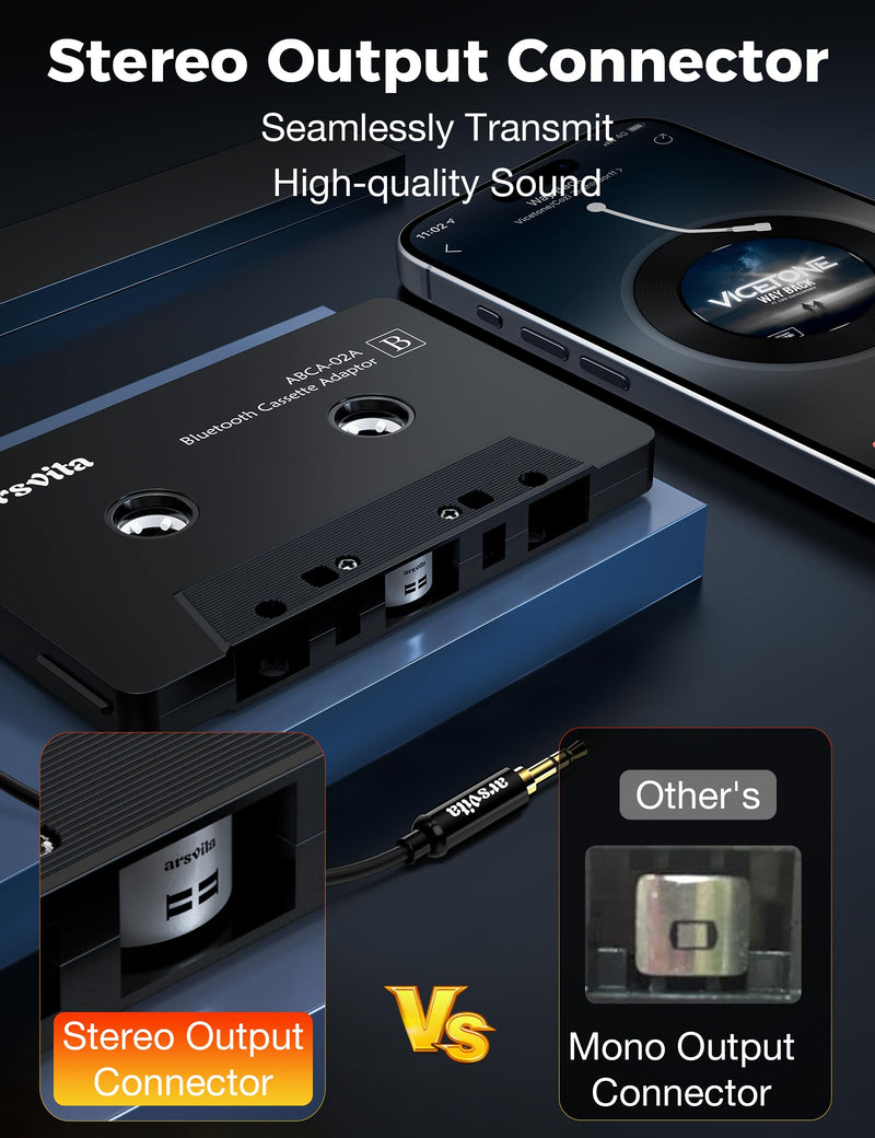 arsvita Car Audio Cassette to Aux Adapter, 5.1 Bluetooth Receiver Kit for Cassette to Aux, Bluetooth Receiver Compatible with 3.5 MM Auxillary Cable Tape, Black, Type BCAK04
