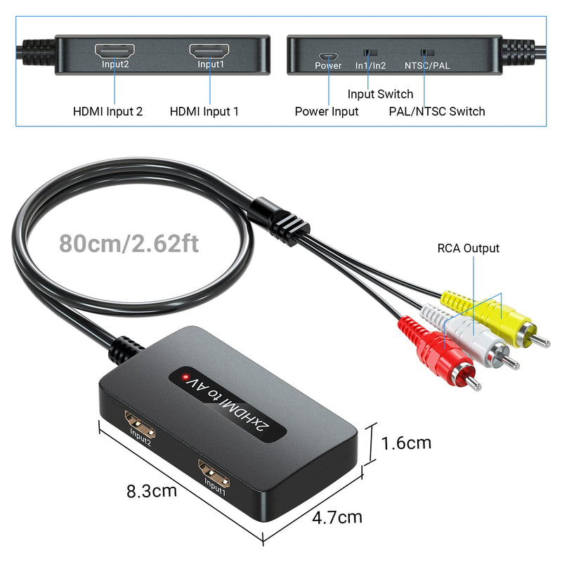 2 x HDMI to RCA Converter, Dual Port HDMI to AV Composite Converter for HD Devices to Display on Old TVs Dual HDMI to RCA