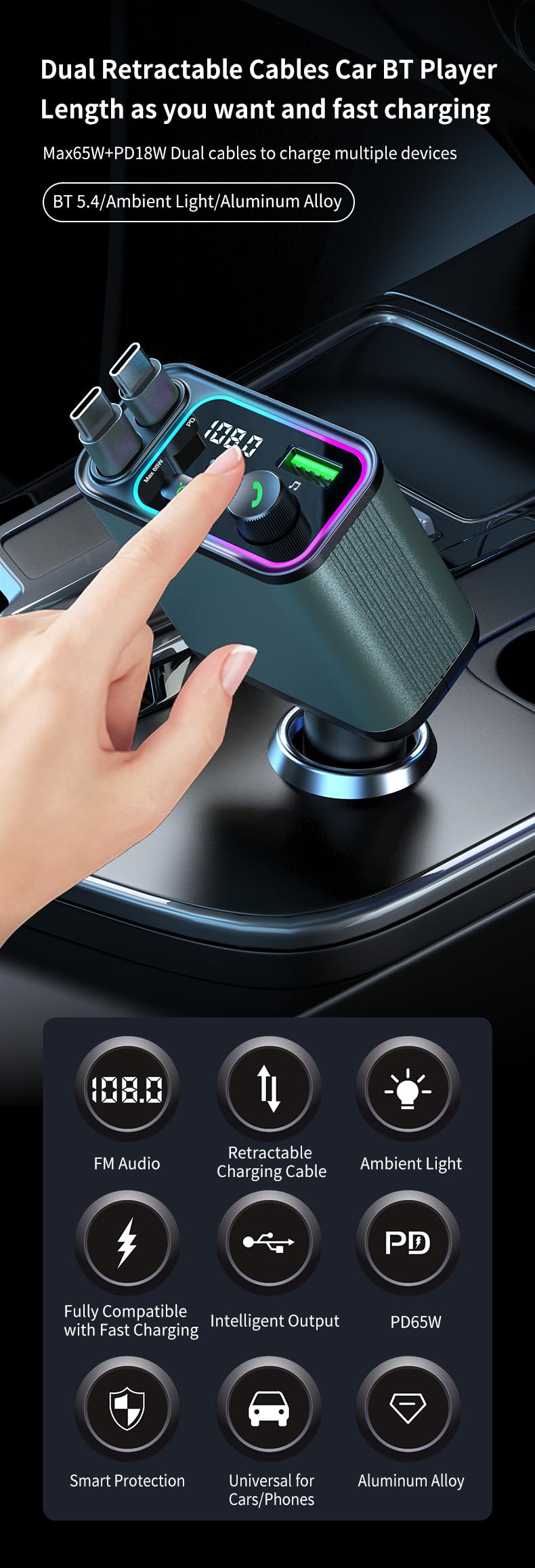 3 in 1 Retractable Car Charger Adapter & FM Transmitter Bluetooth Mp3 Player- Max 65W + 18W with 2 PD Fast Charging,2 Retractable Cables & USB-A Music Playback for iPhone,iPad,Samsung,Pixel