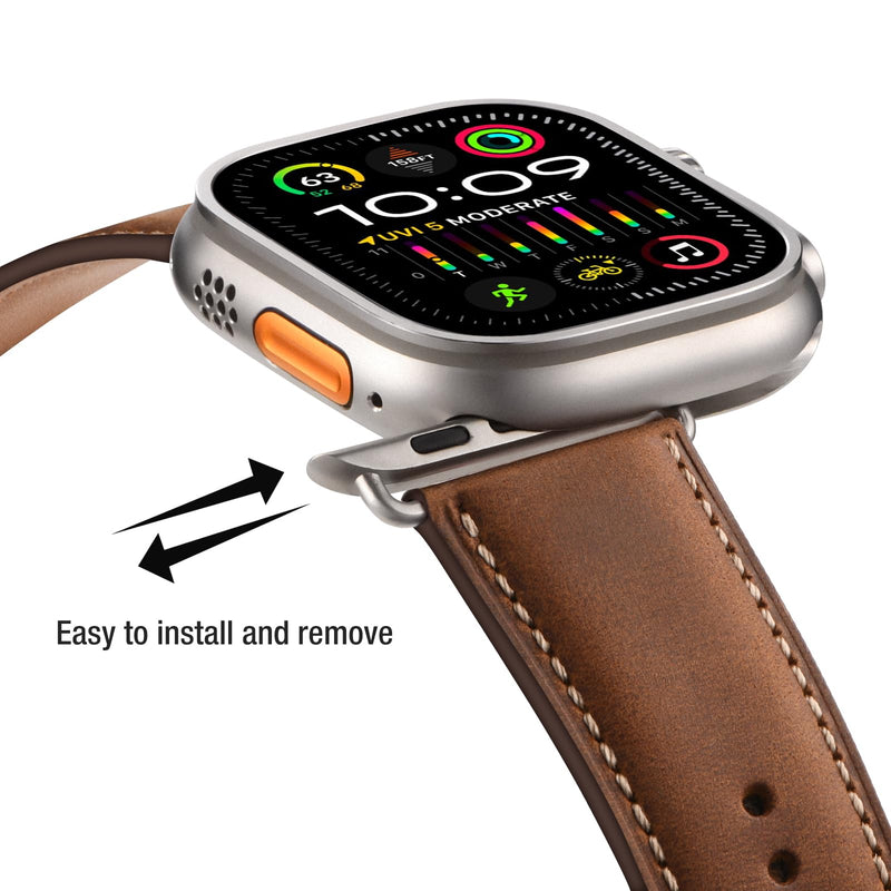 SUNFWR Compatible with Apple Watch Band 49mm for Men Women, Stainless Steel Metal iWatch Band with Case + Top Grain Genuine Leather Band for Apple Watch Ultra/Ultra 2