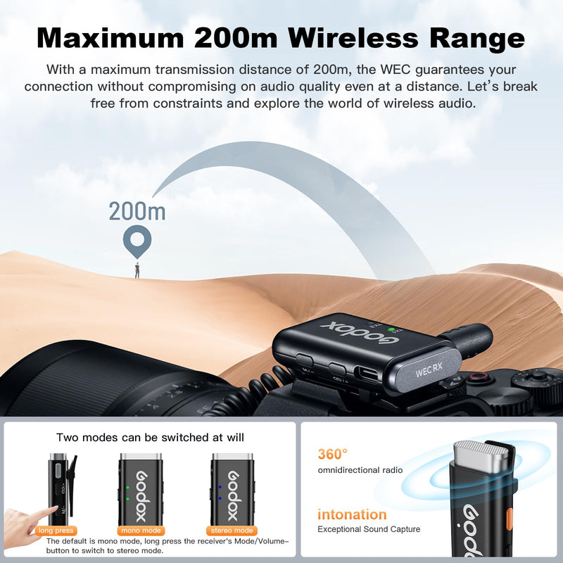 Godox WEC Wireless Lavalier Lapel Mic - 200m Range, 2.4GHz, Noise Cancellation, Compact, for Cameras, Live Streaming, Computer, TikTok Kit-1