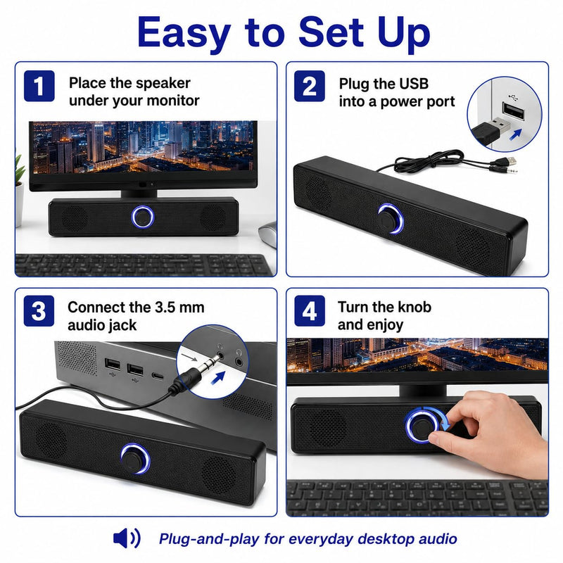 Computer Speakers USB-A Powered Wired Stereo Desktop Speaker,Portable,with 3.5mm AUX, Volume Knob LED Ring for PC Laptop No Bluetooth,Computer accessorie Black
