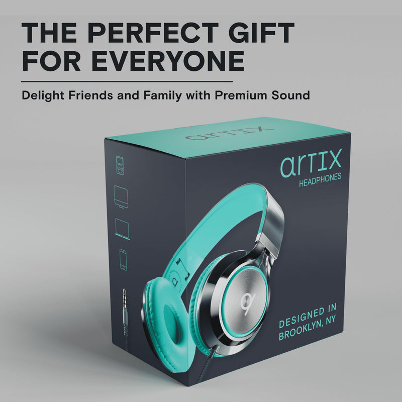 [AUSTRALIA] - Artix CL750 Wired Headphones with Mic & Volume Control — Noise Isolating Computer Headphones Wired, On-Ear Headphones with Wire, Plug In Headphones for Laptop, Corded Headphone Over Ear Aux Jack 3.5mm Turquoise 