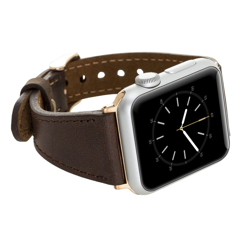 Venito Messina Leather Slim Watch Band Compatible with Apple Watch Ultra 2 / Ultra Series 9 8 7 6 5 4 3 2 1 SE 49mm 45mm 44mm 42mm 41mm 40mm 38mm Tiana Brown w/Rose Gold Connector&Clasp 49mm/45mm/44mm/42mm