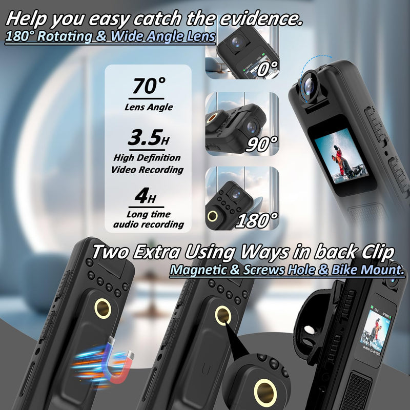 Body Camera with Audio and Video 1080p Recording, 64GB Camcorders, Rotatable Lens, Night Vision, Body Worn Cams for Personal Civilians, Service Record, Police Guard (with Magnetic Lanyard)