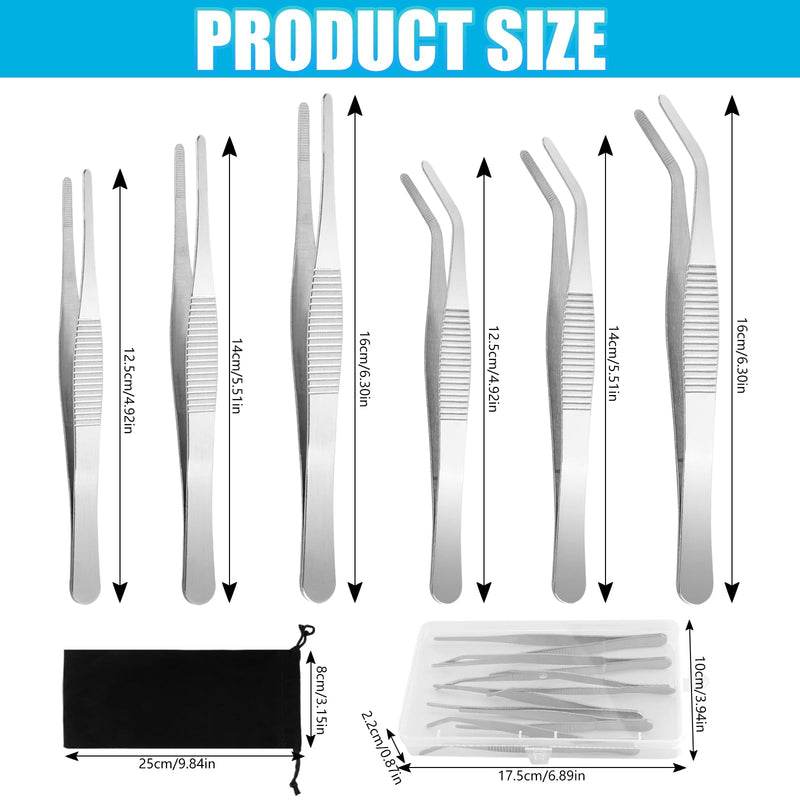6-Piece Tweezers Set, 3 Sizes Stainless Steel Tweezers, 16 cm Long Tweezers with Storage Bag, Professional Non-Slip Curved Tweezers for Craft Repair, Sewing Machines, Jewellery, 12.5-16 cm