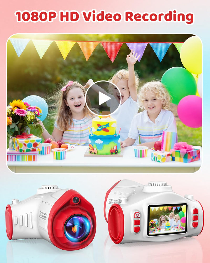 Kids Camera with Projector, 1080P Digital Video Camcorder, 48MP Photo Camera, Portable Toddler Camera Christmas Birthday Travel Gift Toy for Boys Girls Age 3 4 5 6 7 8 9 10 11 12, White