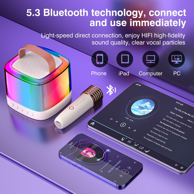Mini Karaoke Machine for Kids Adults, Portable Bluetooth Karaoke Speaker with 2 Wireless Mics and LED Color Lights, Inside The Car, Party, Home KTV, Birthday for Girls/Boys Ages 3-12+, Beige