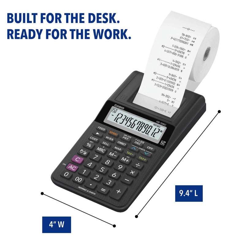 Casio HR-10RC Mini Desktop Printing Calculator, Black | Portable, 12-digit display, one-color printer, tax & currency; ideal for bookkeeping