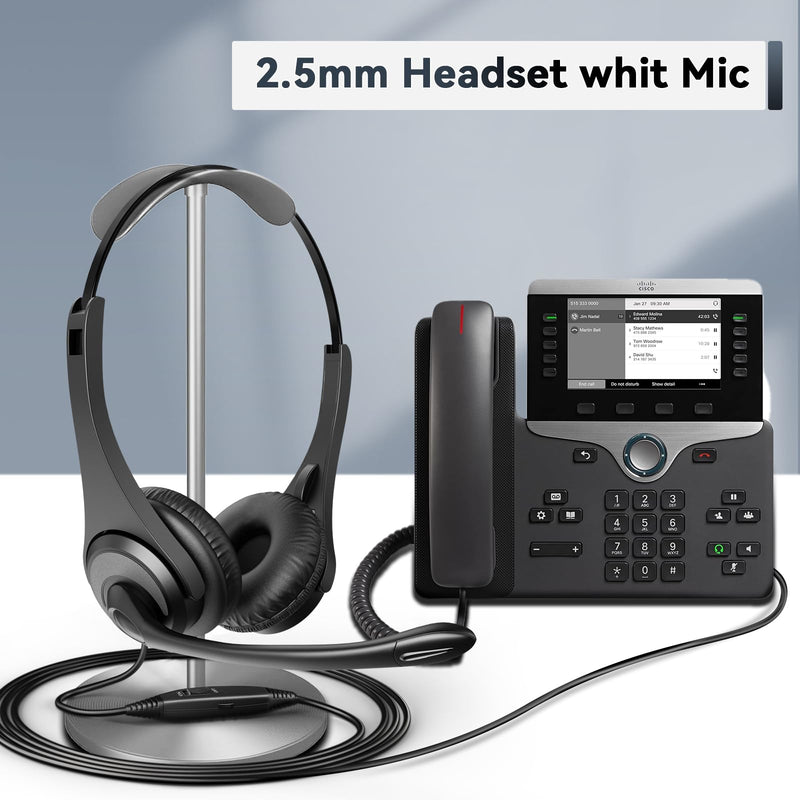 2.5mm Telephone Headset with Noise Canceling Mic & Volume Controls, Office Phone Headset for Call Center Compatible with Panasonic VTech AT&T Uniden RCA Cisco Gigaset etc Cordless Landline Phones Black-Binaural