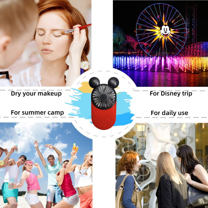 DecoLife Cute Personal Mini Fan, Handheld & Portable USB Rechargeable Fan with Beautiful LED Light, 3 Adjustable Speeds, Portable Holder, Perfect for Indoor Or Outdoor Activities, Cute Mouse Red
