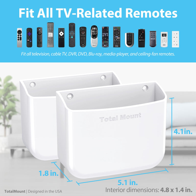 TotalMount Hole-Free Remote Holders – Eliminate Need to Drill Holes in Your Wall (for 2 or 3 Remote Controls – White – Quantity 2)