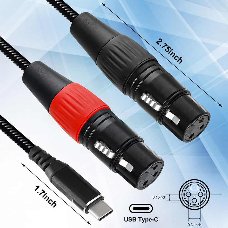 USB C to Dual XLR Female Audio Cable, 10FT USB C to 2 XLR Female Mic Adapter for Amplifiers, Active Speakers, Mixing Consoles Black Braided USB C to Dual XLR Female