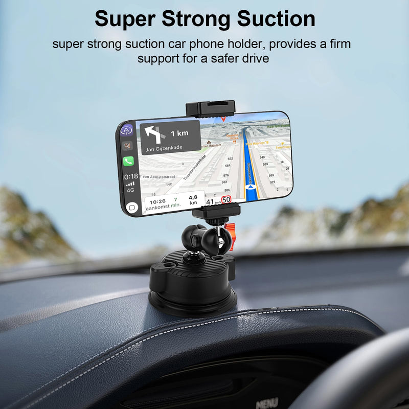 Suction Cup Car Mount with Phone Holder,360°Adjustable for Action Cameras & Smartphones,Windshield,Dashboard,Boat Mount for GoPro Hero 13/12/11/10,DJI OSMO Action,Insta360 X4/X3,and More