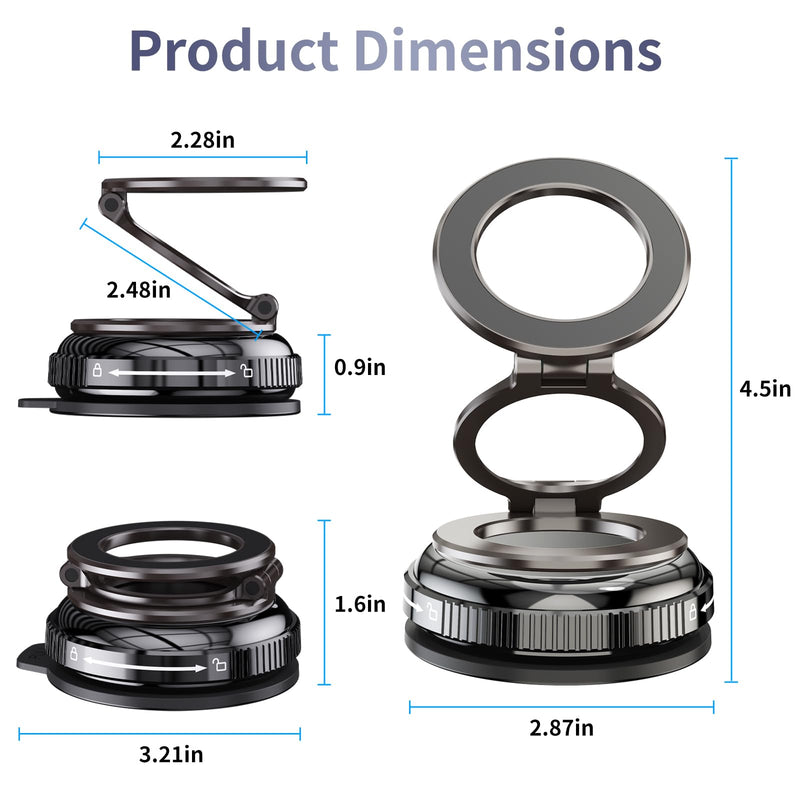 for MagSafe Car Mount, Vacuum Suction Phone Holder | 32 kgf Suction, 720° Rotation, Detachable Dual-Side Zinc Magnetic Head, for iPhone 12–17 & Android, Sticks to Metal