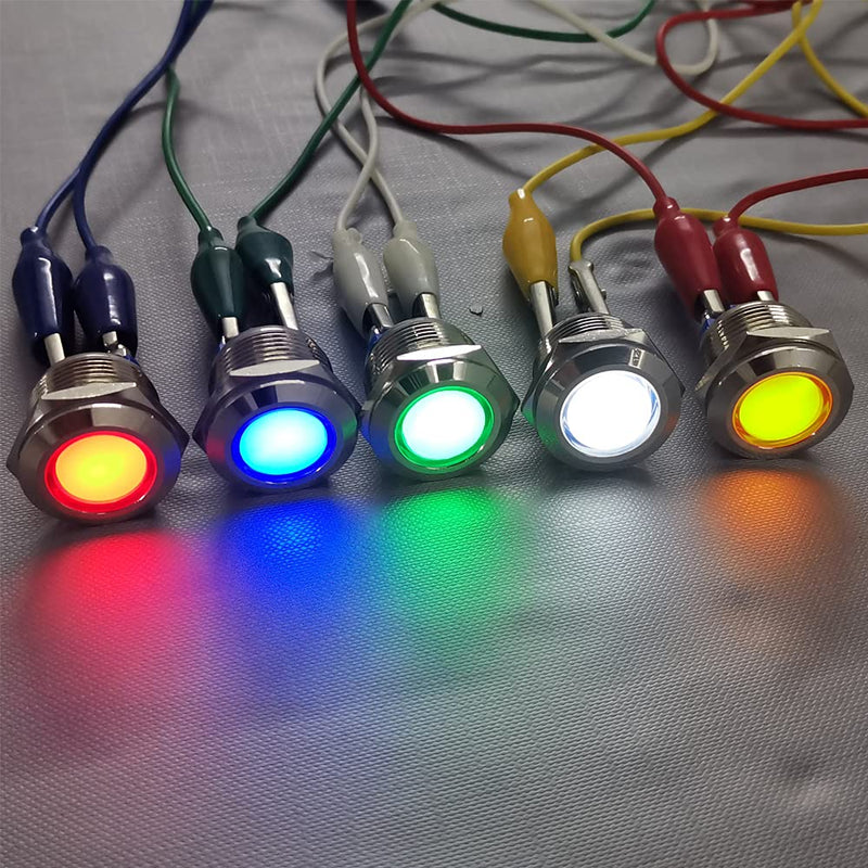 [AUSTRALIA] - GUUZI 5pcs 12V-24V 19mm LED Metal Indicator Light Waterproof Signal Lamp Red Green with Wire Red/Yellow/Blue/Green/White-19 Mm 
