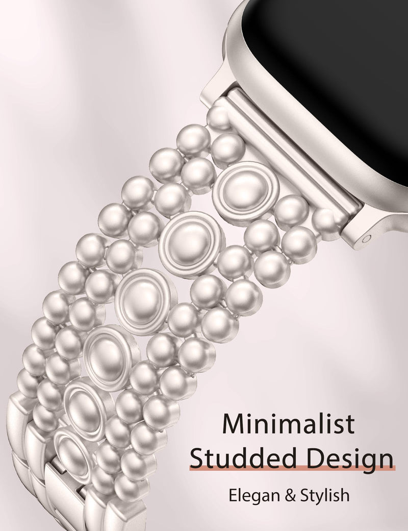 Minyee 2 Packs Watch Band Compatible with Apple Watch Band 42/46/41/40/38/44/45/49mm Women, Pretty Adjustable Studded Link Bracelet & Dressy Slim Thin Premium Leather Strap