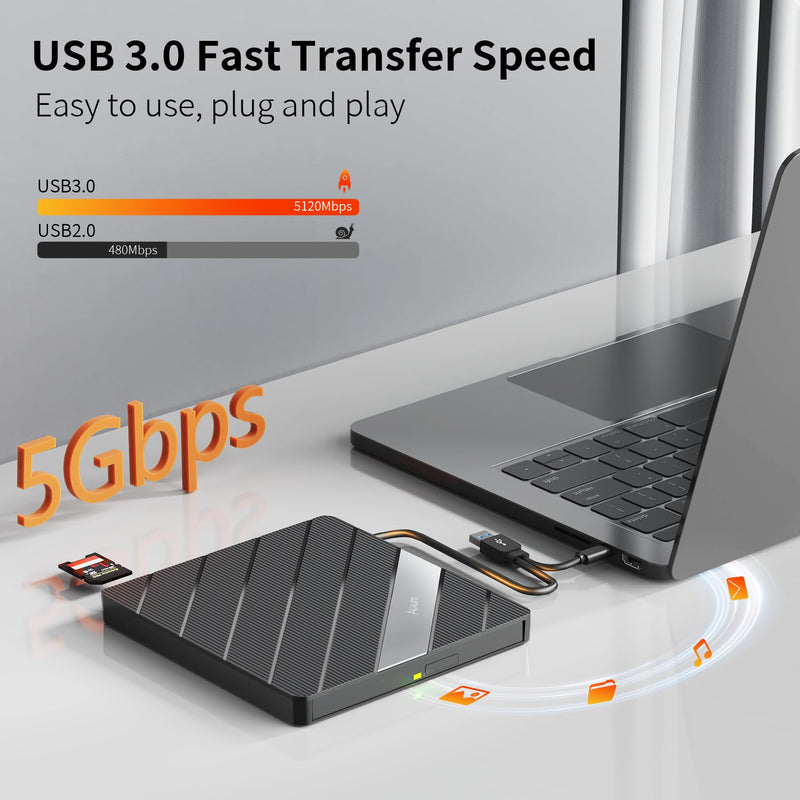 Alxum External CD DVD Drive for Laptop, 8 in 1 Portable Disc Reader Burner | External CD DVD Drive, USB Optical Disc Drive CD ROM DVD Player Rewriter with Multiple Ports for Windows/Mac OS/Linux/Vista Black